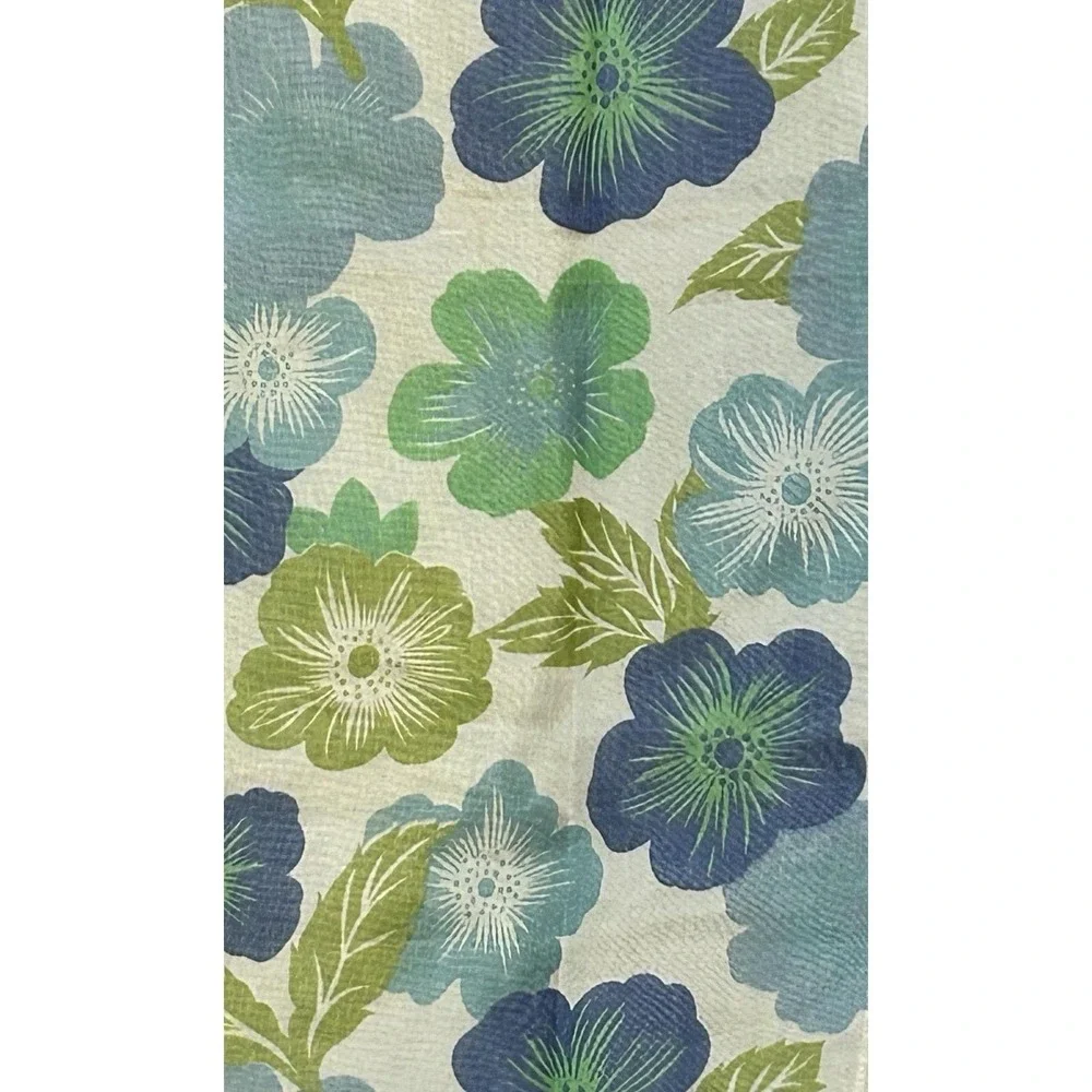 Vintage 70s Floral Sheer Lined Window Curtain Set of 3 Blue Green Mod Floral MCM